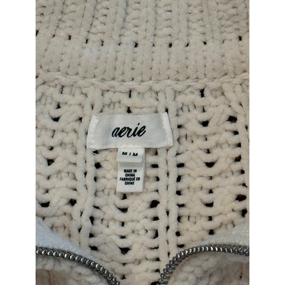 Aerie Women's Cream Cable Knit Quarter Zip Mock Neck Sweater Medium - Picture 4 of 8